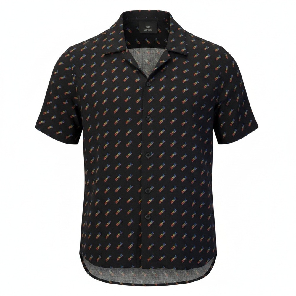 Button Down Shirt Mens Medium Black Rainbow Proud Excellent Viscose Short Slv